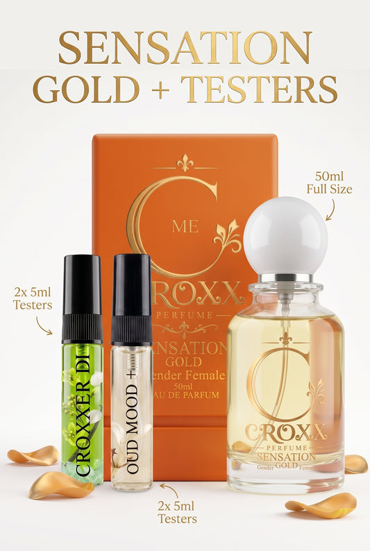 Sensation Gold 50 ml Set – With Box + 2 Testers (5 ml Croxxer Di & Oud Mood Plus)